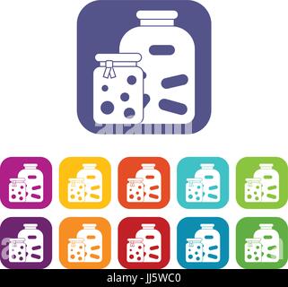 Jars with pickled vegetables and jam icons set Stock Vector