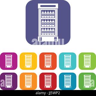 Fridge with refreshments drinks icons set Stock Vector