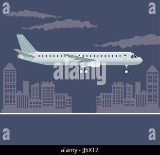 color poster city landscape with airplane in flight Stock Vector