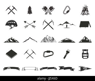 Mountain expedition silhouett icons set. Climb and camping shapes collection. Simple black pictograms. Use for creating logo, labels and other adventure designs. isolated on white Stock Photo
