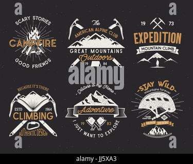 Vintage travel logos patches set. Hand drawn camping labels designs.  Mountain expedition, road trip, surfing. Outdoor hike emblems. Hiking  logotypes collection. Stock vector isolated on white. Stock Vector by  ©JeksonJS 421314988