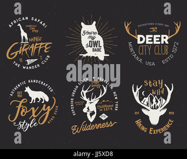 Wild animal badges set. Included giraffe, owl, fox and deer shapes. Stock isolated on dark background Stock Photo