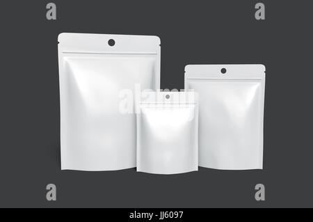 three blank white zipper pouches, with the smallest one in the middle, can be used as design elements, isolated dark gray background 3d rendering side Stock Photo