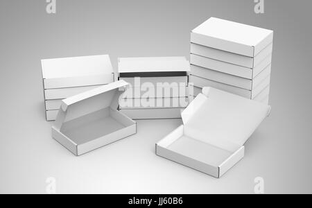 Blank tuck top box template, bulk boxes mockup isolated on light gray background, elevated view Stock Photo