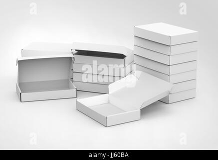 Blank tuck top box template, bulk boxes mockup isolated on light gray background, elevated view Stock Photo