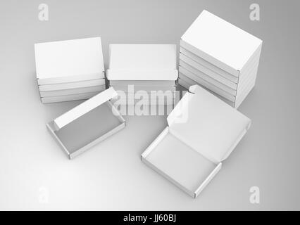 Blank tuck top box template, bulk boxes mockup isolated on light gray background, elevated view Stock Photo