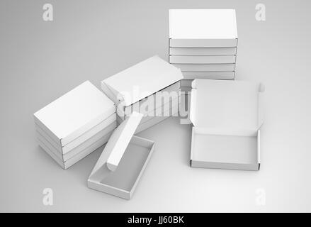 Blank tuck top box template, bulk boxes mockup isolated on light gray background, elevated view Stock Photo