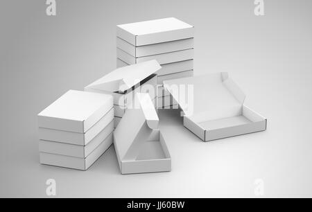 Blank tuck top box template, bulk boxes mockup isolated on light gray background, elevated view Stock Photo