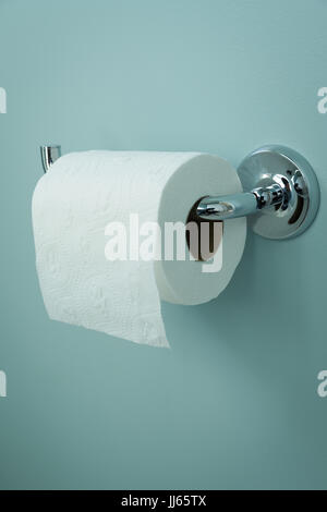 White roll of toilet paper hanging on a chrome holder. Stock Photo