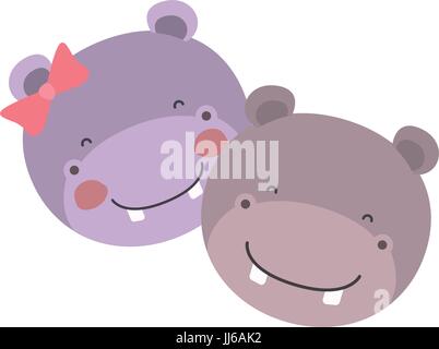 colorful caricature faces of hippo couple animal happiness expression Stock Vector