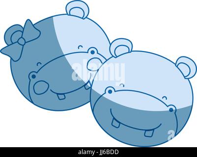 blue color shading silhouette faces of hippo couple animal happiness expression Stock Vector