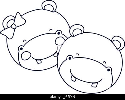 sketch silhouette caricature faces of hippo couple animal happiness expression Stock Vector