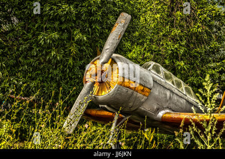 HDR foto of an old airplane on green grass and sunset background Stock ...