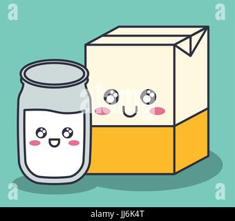 kawaii orange juice box and milk glass icon over blue background colorful design vector illustration Stock Vector