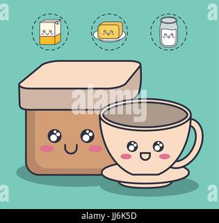 kawaii breakfast food related icons over blue background colorful design vector illustration Stock Vector