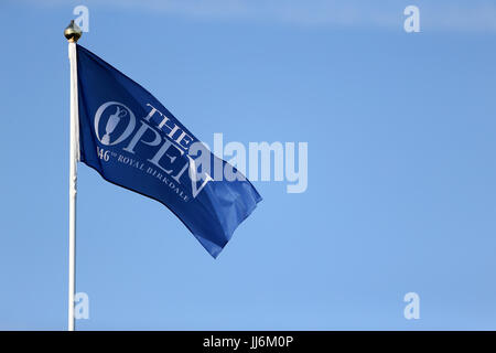 A flag flies during practice day three of The Open Championship 2017 at Royal Birkdale Golf Club, Southport. Stock Photo