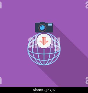 Photo download icon. Flat vector related icon with long shadow for web and mobile applications. It can be used as - logo, pictogram, icon, infographic Stock Vector