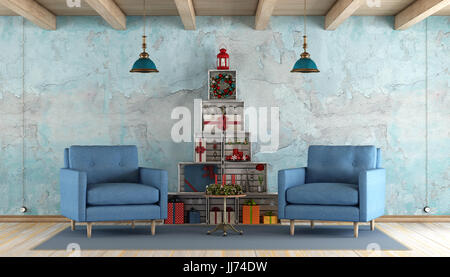 Blue old room with two armchair and christmas trees made with wooden crates - 3d rendering Stock Photo