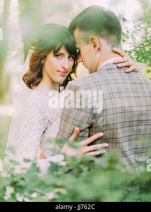 The close-up back view of the groom hugging the beautiful bride among green leaves. Stock Photo