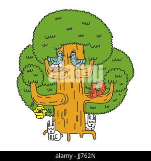 Large tree and Forest animals. Oak and squirrel. Hares and birds. Nest on tree. Hive Hand drawing Stock Vector