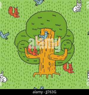Large tree and Forest animals pattern. Oak and squirrel. Hares and birds. Nest on tree. Hive Hand drawing Stock Vector