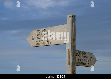 Direction sign on the Coast Path at Newquay in Cornwall Stock Photo