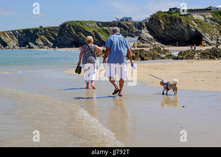 Couple walking dog on Newquay beach Stock Photo