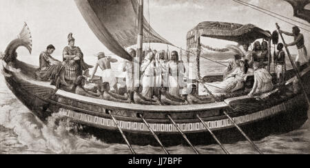 The escape of Antony and Cleopatra to Egypt after the Battle of Actium in 31 BC.    Cleopatra VII Philopator, 69 - 30 BC.  Last active ruler of Ptolemaic Egypt.  Marcus Antonius, 83 BC – 30 BC, aka Mark or Marc Antony.  Roman politician and general.  From Hutchinson's History of the Nations, published 1915. Stock Photo