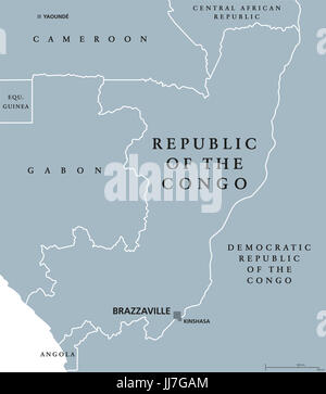 Republic of the Congo political map with capital Brazzaville. Also Congo Republic, West Congo or Congo-Brazzaville. Country in Central Africa. Gray. Stock Photo