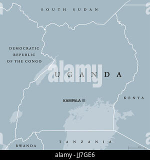 Uganda political map with capital Kampala. Republic in East Africa. Landlocked country in the African Great Lakes region. Stock Photo