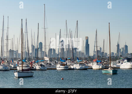 Melbourne Skyline and Marina, ST Kilda, Albert Park, Melbourne Victoria Australia Stock Photo