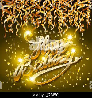 concept party on dark background top view happy birthday gold confetti vector - modern flat design style art Stock Vector