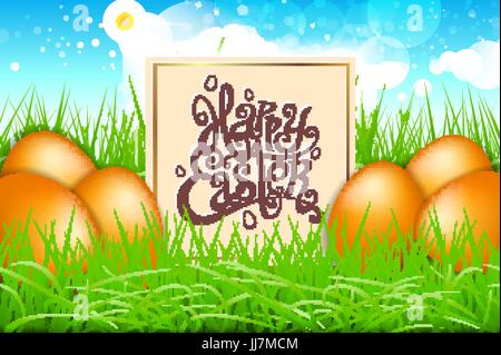 orange eggs in a field of grass with blue sky. happy easter lettering modern calligraphy, vector art Stock Vector