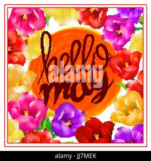 Hello may hand Lettering with tulip flower. Vector illustration EPS10 art Stock Vector