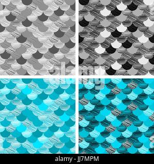 Abstract colorfull wave seamless pattern. the fabric. Scales vector blue. black and white. grey art Stock Vector