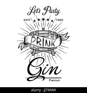 Gin label vintage hand drawn border typography blackboard vector. Alcohol. Wooden barrels drinks signs. Typographic badges with sketched kegs. Used fo Stock Vector