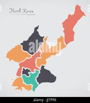 North Korea Map with states and modern round shapes Stock Vector