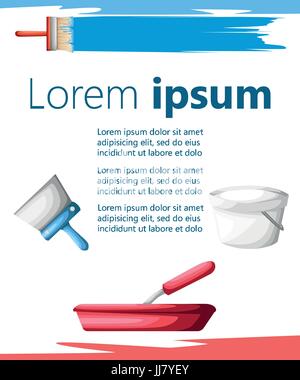 Vector roller and paint brushes with colors . Painter instruments. Home work process vector illustration isolated on white. form brochure corporate st Stock Vector