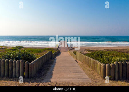 Wooden walkway through dune vegetation extending onto pier against beach ocean and blue sky coastal landscape in Durban, South Africa Stock Photo