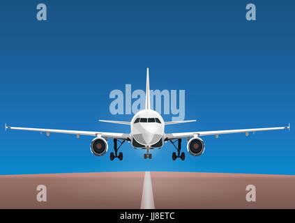Aircraft vector, take-off plane against the background of the blue sky and the runway. Jet commercial airplane in full face. Air travel concept flying Stock Vector