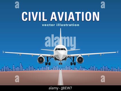 Aircraft vector, take-off plane against the background of the blue sky, city houses and the runway, with space for text. Jet commercial airplane in fu Stock Vector