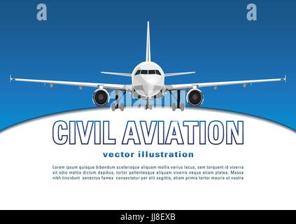 Aircraft vector. Banner, poster, flyer, card from plane against the background of the blue sky and text on a white backdrop. Jet commercial airplane i Stock Vector