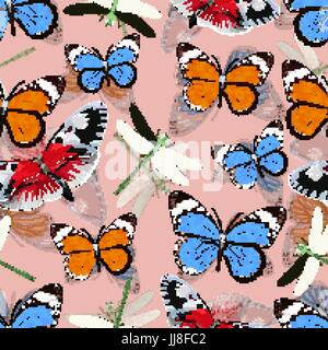 Butterflies and dragonflies seamless pattern, vector background. Bright multicolored insects on a pink backdrop. For fabric design, wallpapers, wrappe Stock Vector
