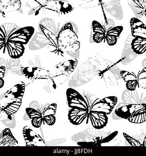 Butterflies and dragonflies seamless pattern, monochrome vector background, coloring book. Black and white various insects on a white backdrop. For fa Stock Vector