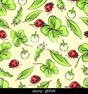 Cartoon hand drawing beetle ladybug and caterpillars, leaves and flowers of clover seamless pattern, vector background. Funny insects on a yellow back Stock Vector