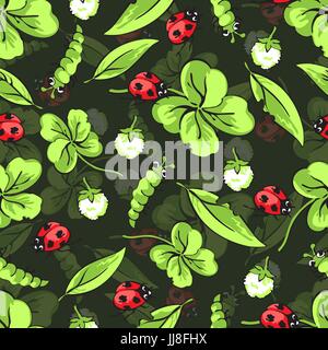 Cartoon hand drawing beetle ladybug and caterpillars, leaves and flowers of clover seamless pattern, vector background. Funny insects on a green backd Stock Vector