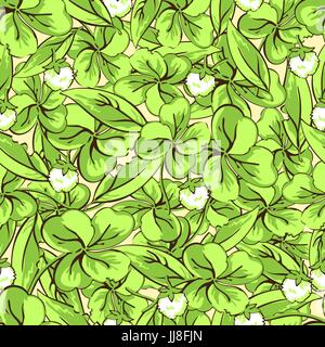 Cartoon hand drawing leaves and flowers of clover seamless pattern, vector background. For fabric design, wallpaper, wrapper, print, decoration Stock Vector