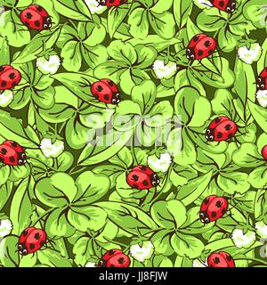 Cartoon hand drawing beetle ladybug, leaves and flowers of clover seamless pattern, vector background. Funny insects on a dark green backdrop. For fab Stock Vector