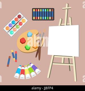 Realistic art supplies, set art materials. Artist Accessories. Easel, canvas, tablet, pastel, paint in tubes, watercolor, palette and brush. Vector ob Stock Vector