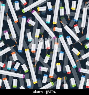 Markers seamless pattern, art background. Realistic multicolored professional art marker on dark blue backdrop. Vector art supplies, materials for wal Stock Vector